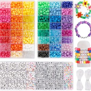 Quefe 3960pcs Pony Beads for Friendship Bracelet Making Kit 48 Colors Kandi Beads Set, 2400pcs Plastic Rainbow Bulk and 1560pcs Letter Beads with 20 Meter Elastic Threads for Craft Jewelry Necklace